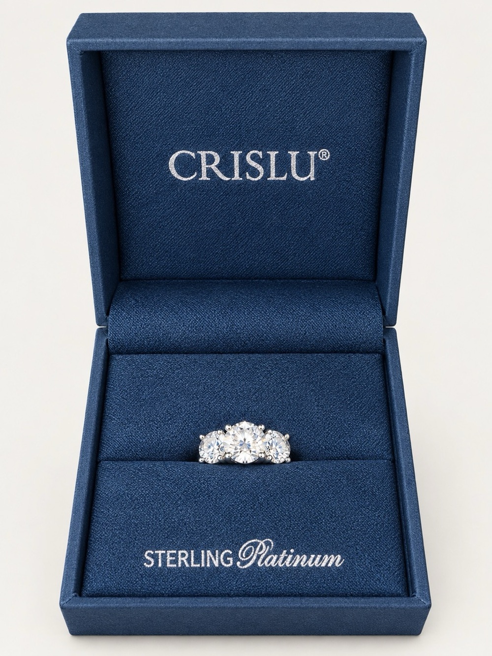 CRISLU 3 Stone CZ Platinum Finish Sterling Silver Ring + Box